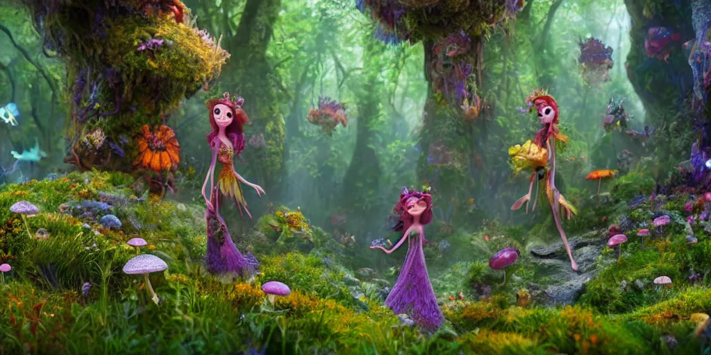 Image similar to beautiful fae queen walks through happy trippy fungal landscape, weta pixar 8 k detailed face