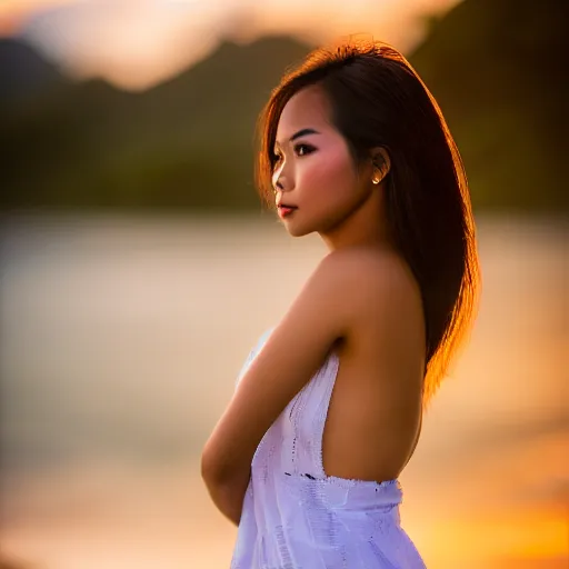 Prompt: a beautiful full body portrait of a beautiful Filipina girl, beautiful detailed eyes, golden hour in Boracay, outdoors, professional award winning portrait photography, Zeiss 150mm f/ 2.8 Hasselblad