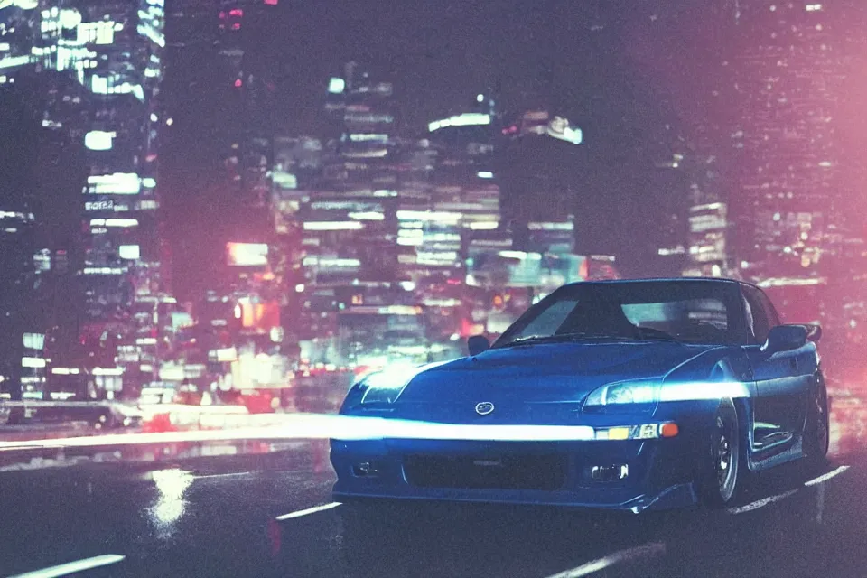 Image similar to aesthetic illustration of ryosuke takahashi with black hair wearing a dark blue shirt standing near his white mazda rx 7 on an empty highway at dusk, cinematic lighting, initial d anime 1 0 8 0 p, detailed anime face, high detail, 9 0 s anime aesthetic, volumetric lights, unreal engine 5 render, pinterest wallpaper, trending on artstation