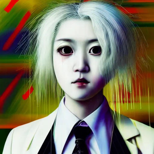 Image similar to yoshitaka amano blurred and dreamy three quarter angle portrait of a young woman with white hair and black eyes wearing dress suit with tie, playstation 2 horror game, junji ito abstract patterns in the background, satoshi kon anime, chungking express color palette, noisy film grain effect, highly detailed, renaissance oil painting, weird portrait angle, blurred lost edges