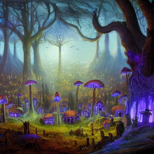 Image similar to concept art detailed painting of a dark purple fantasy fungal town made of mushrooms, with glowing blue lights, in the style of albert bierstadt