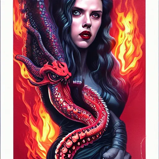 Prompt: demonic hell doom portrait of scarlett johansson as queen of hell, fire and flame, big long hell serpent dragon octopus, Pixar style, by Tristan Eaton Stanley Artgerm and Tom Bagshaw.