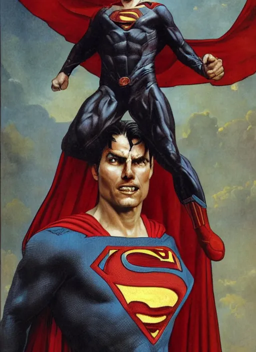 Prompt: renaissance grotesque portrait painting of old angry tom cruise as superman 2 0 7 7, sentry, superior, character redesign by lee bermejo and greg rutkowski and alphonse mucha