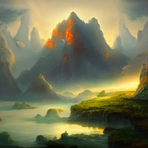 Image similar to a painting of a beautiful fantasy landscape. A giant attacks a small town, trending on artstationhd