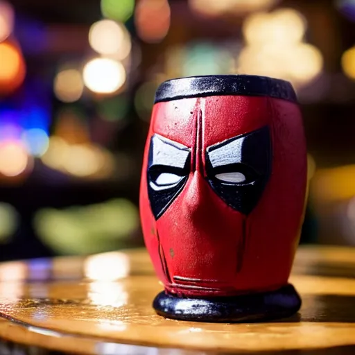 Image similar to a closeup photorealistic photograph of a deadpool style tiki mug sitting at a trader vic's bar featuring the face of deadpool. tiki culture. bright scene. fine detail. this 4 k hd image is trending on artstation, featured on behance, well - rendered, extra crisp, features intricate detail, epic composition and the style of unreal engine.