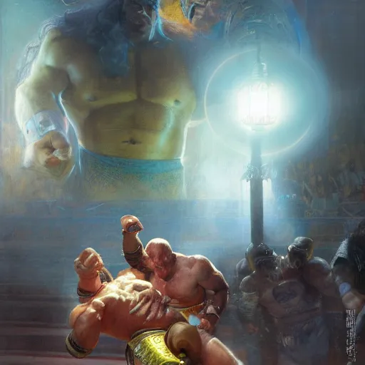 Image similar to the iron sheik breaking hulk hogan's back, radiant light, caustics, heroic, bright iridescent light, by gaston bussiere, bayard wu, greg rutkowski, maxim verehin, epic wrestling combat, legendary