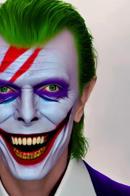 Prompt: A smiling David Bowie as the Joker in Batman, 4k