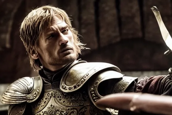 Image similar to very very intricate photorealistic photo of jaime lannister defeating cersei, photo is in focus with detailed atmospheric lighting, award - winning details