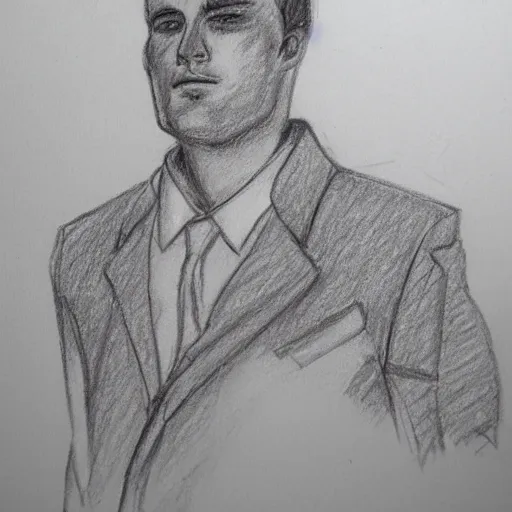 Image similar to a drawn man in jacket stand in sity. pencil sketch.