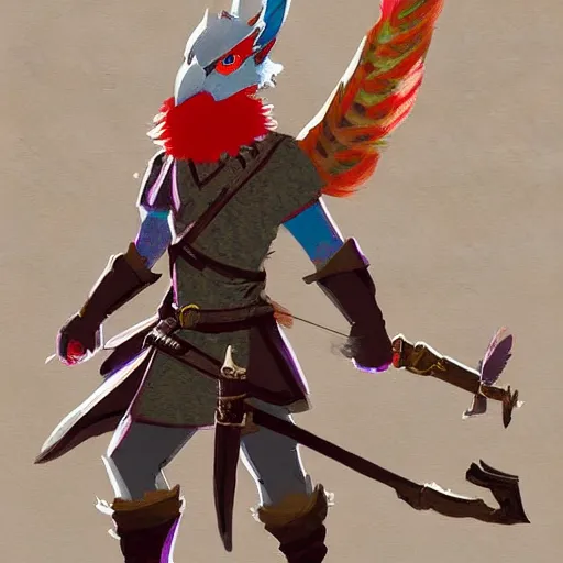 Prompt: avian leader in a army combat uniform created entirely of feathers holding a rapier with a bright red beak medieval theme rito breath of the wild, concept art, artistic