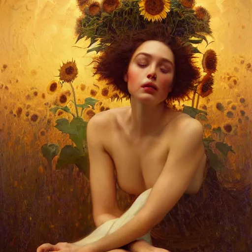 Image similar to highly detailed oil painting | very intricate | cinematic lighting | award - winning | the sunflower field | by roberto ferri, by tom bagshaw, by j. c. leyendecker and klimt, beautiful cinematic light, american romanticism, by austin osman spare, artstation, cgsociety, official art, octane