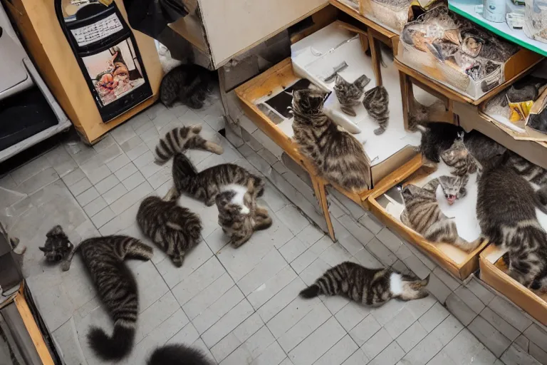 Image similar to overhead view, surveillance, empty store with some kittens sitting on the floor looking directly at the focal point of the camera