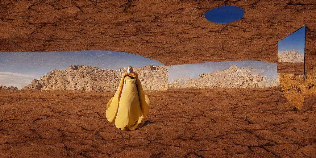 Prompt: levitating woman with full - face golden mask in a infinite dry rocky desert landscape, visible sky and sunny atmosphere, fata morgana and giant square mirrors by alejandro jodorowsky, anamorphic lens, kodakchrome, practical effects, masterpiece, 8 k