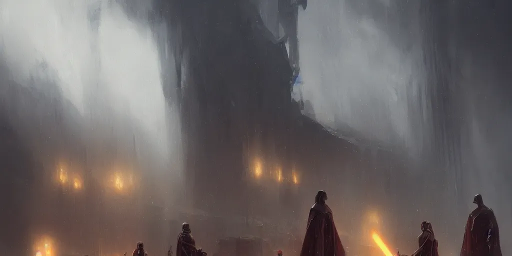 Image similar to a painting of a cinematic keyframe of star wars a dark sith's cult, heavy atmosphere and smoke by greg rutkowski, rule of thirds, golden ratio, ambient lighting, wlop, artgerm, artstation, highly detailed masterpiece, dark fantasy art, high detail, trending on artstation