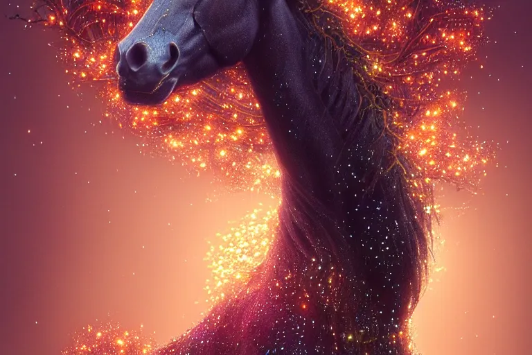 Prompt: a stunning horse made of fireflies with a thick mane of bioluminescent vines and flowers running through the woods by greg rutkowski, high key lighting, volumetric light, digital art, highly detailed, fine detail, intricate, ornate, complex, octane render, unreal engine, photorealistic