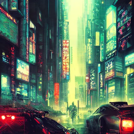 Image similar to a painting of cyberpunk tokyo ultra realistic, colour, concept art, intricate details, night, thunder, raining, eerie, highly detailed, dark fantasy, photorealistic, octane render, 8 k, unreal engine 5. art by artgerm and craig mullins, greg rutkowski and bill sienkiewicz