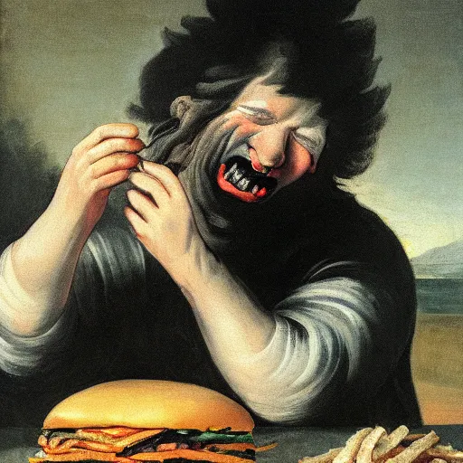 Image similar to painting of a sad man devouring cheeseburger in the style of francisco goya