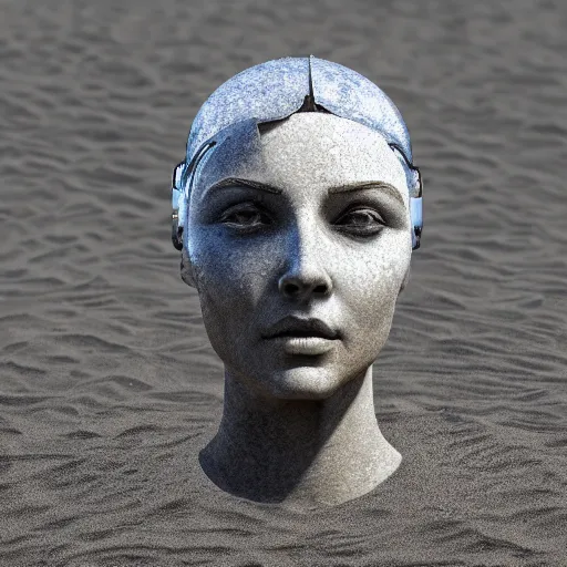 Image similar to the head of a marble cybernetic lady justice statue wearing a virtual reality headset on ground covered in sand, cyberpunk background, highly detailed, epic lighting, hyper photorealism, 8 k