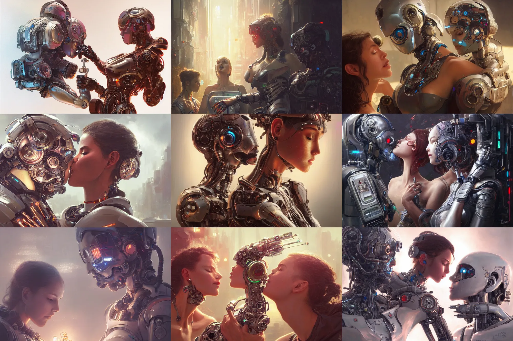 Prompt: Ultra realistic illustration, robot being kissed by two women, cyberpunk, sci-fi, fantasy, intricate, elegant, highly detailed, digital painting, artstation, concept art, smooth, sharp focus, illustration, art by artgerm and greg rutkowski and alphonse mucha