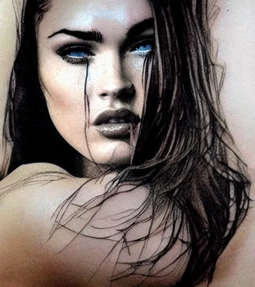 Image similar to megan fox face double exposure with beautiful mountains, realism tattoo sketch, in the style of matteo pasqualin, amazing detail, sharp, faded