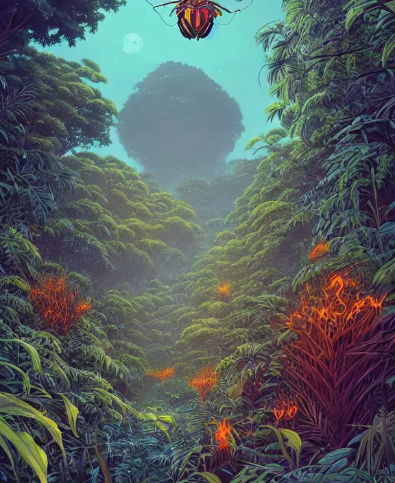 Prompt: simplicity, an elegant structure made out of exotic insects, overgrown with lush floral jungle, partly cloudy, hellscape, hell, fire, brimstone, lava, by dan mumford, yusuke murata, makoto shinkai, ross tran, cinematic, unreal engine, cel shaded, featured on artstation, pixiv