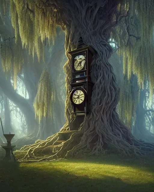 Image similar to highly detailed surreal vfx portrait of a cursed grandfather clock in a shadowy forest by a willow tree, stephen bliss, unreal engine, greg rutkowski, loish, rhads, beeple, makoto shinkai and lois van baarle, ilya kuvshinov, rossdraws, tom bagshaw, alphonse mucha, global illumination, detailed and intricate environment