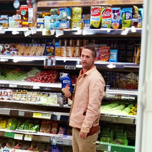 Image similar to !dream ryan gosling at a grocery store counter, holding milky way!! candy bars, hidden camera photo, photograph, hyperrealistic, 8k resolution