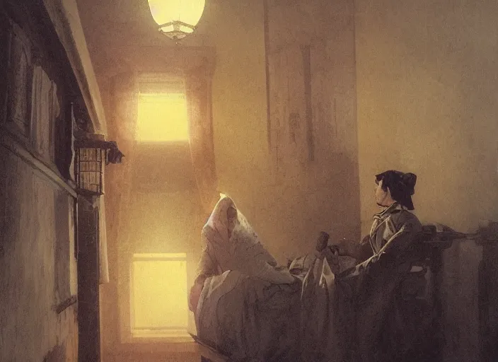 Image similar to 1 8 5 4 crimea, florence nightingale holding lamp, army hospital in scutari at night, wounded patients in beds on both sides of hospital ward, finely detailed perfect art, painted by greg rutkowski makoto shinkai takashi takeuchi studio ghibli