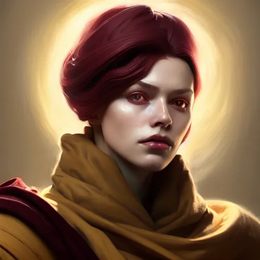 Image similar to Hyperrealistic portrait of a girl with cream coloured hair wearing a heavy maroon cloak, Overwatch inspired, golden accents, face, fantasy, intricate, elegant, highly detailed, digital painting, artstation, concept art, smooth, sharp focus, illustration, art by Wei Fan and Fernanda Suarez and Artem Demura and alphonse mucha