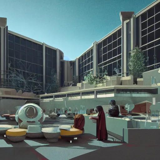 Prompt: the council of all worlds, huge 7 0 s hotel, logan's run, syd mead, retrofuture, octane render