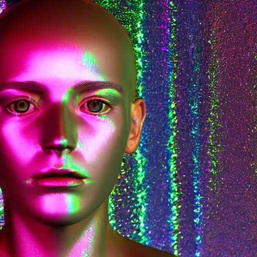 Image similar to 3d render of holographic human robotic head made of glossy iridescent, surrealistic 3d illustration of a human face non-binary, non binary model, 3d model human, cryengine, made of holographic texture, holographic material, holographic rainbow, concept of cyborg and artificial intelligence