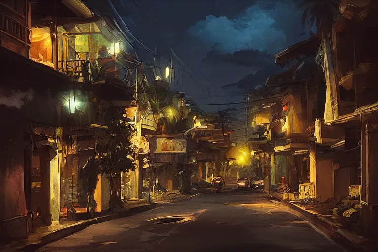 Prompt: “Painting of a Philippine city at night with pre-colonial Philippine architecture, hyperrealistic, cinematic lighting, detailed, concept art, artstation”