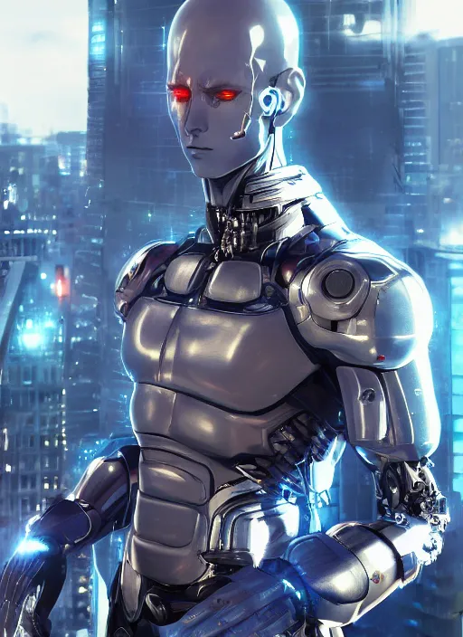 Prompt: Realistic Cyborg One Punch Man with blue eyes, futuristic city, artistic pose, light atmosphere, cinematic shot, intricate, ornate, photorealistic, ultra detailed, realistic, 100mm, photography, octane, high definition, depth of field, bokeh, 8k, artstation