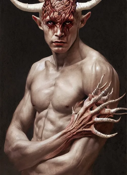 Image similar to half demon half human intricate skin man, elegant, peaceful, full body, white horns, hyper realistic, extremely detailed, dnd character art portrait, fantasy art, intricate fantasy painting, dramatic lighting, vivid colors, deviant art, artstation, by edgar maxence and caravaggio and michael whelan and delacroix.