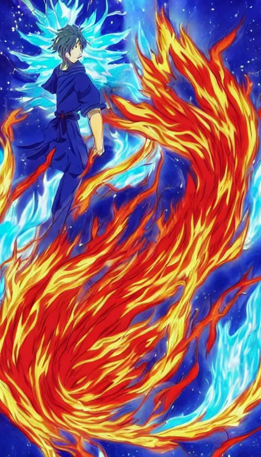 Image similar to a high quality anime still of fire and water mixing together, conveying a sense of balance inspired by the Temperance tarot card,