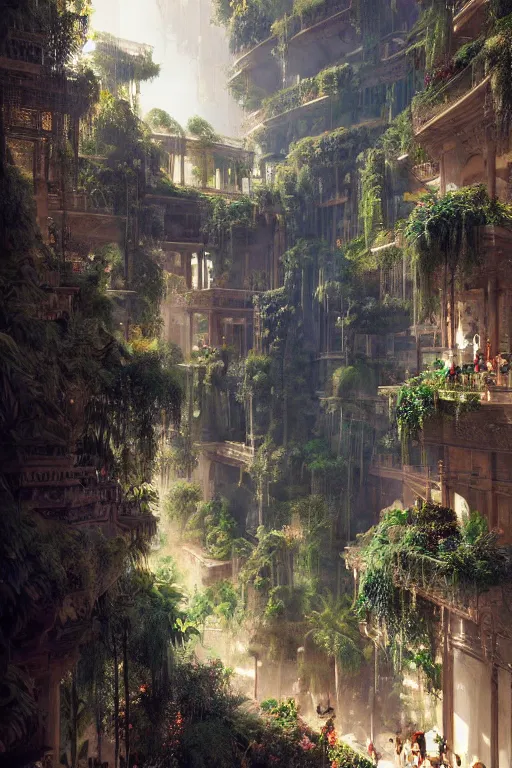 Image similar to magnificent view of the hanging gardens of babylon, intricate, elegant, volumetric lighting, digital painting, highly detailed, artstation, sharp focus, illustration, concept art, ruan jia, steve mccurry