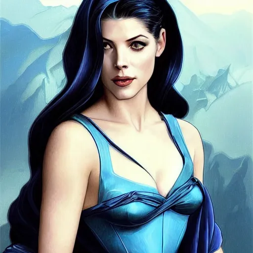 Image similar to A combination of Katheryn Winnick's and Grace Kelly's and Ashley Greene's faces with dark blue hair as Miss Martian, western, D&D, fantasy, intricate, elegant, highly detailed, digital painting, artstation, concept art, matte, sharp focus, illustration, art by Artgerm and Greg Rutkowski and Alphonse Mucha