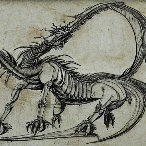 Prompt: Leonardo da Vinci drawing of a functioning mechanical dragon