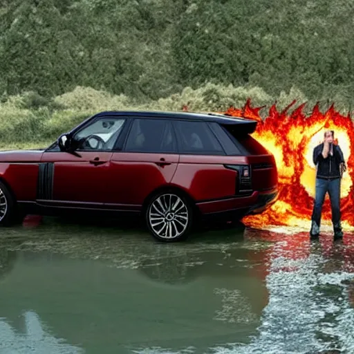 Image similar to dennis reynolds in a fiery rage, standing next to his range rover near a body of water, cinematic style