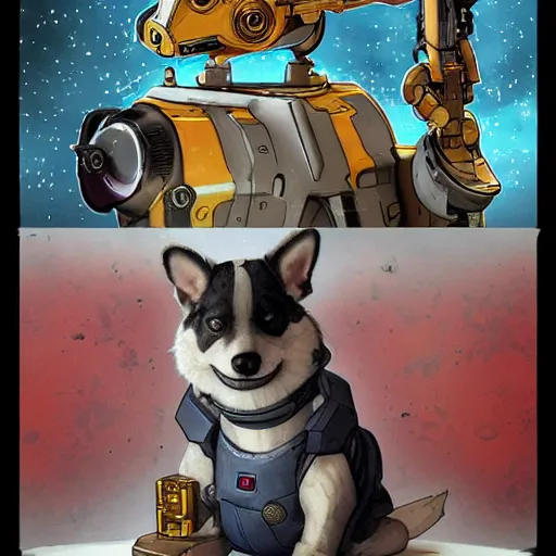 Image similar to cyborg corgi with a robotic eye and a small cannon for a tail that looks like it is from Borderlands and by Feng Zhu and Loish and Laurie Greasley, Victo Ngai, Andreas Rocha, John Harris