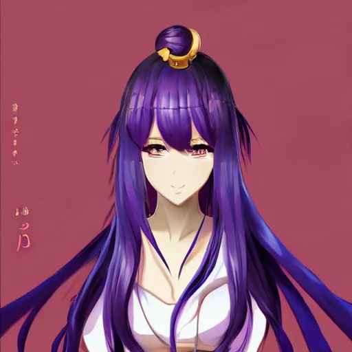 Image similar to anime full body illustration of a woman with purple hair wearing dark purple chinese outfit, her head is slightly tilted, medium shot, extremely detailed art, character showcase art, 4 k, anime key visual, official illustration by kyoto animation, monthly top rankings on pixiv, trending on artstation, danbooru art