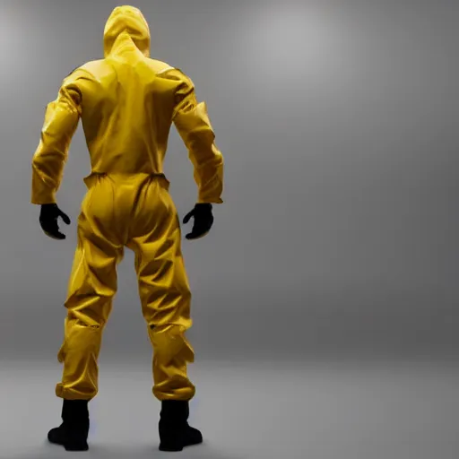 Prompt: « a person wearing yellow hazma suit, in a laboratory, photorealistic, unreal engine 5, full body portrait, back view »