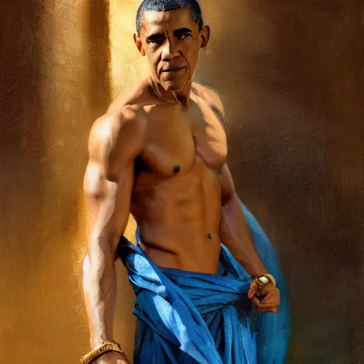 Image similar to detailed realistic cinematic wide shot of beautiful attractive muscular barack obama with gold chain wearing blue bath robe slim face symettrical face clean skin black eyes black robe smooth, sharp focus, ultra realistic, spring light, painting by gaston bussiere, craig mullins, j. c. leyendecker