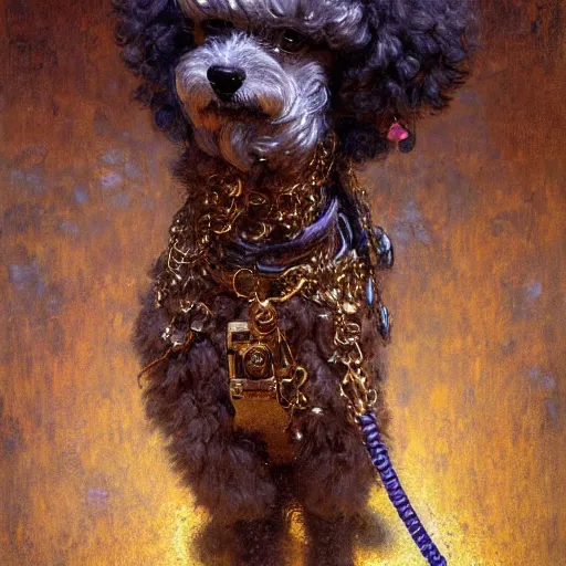 Image similar to portrait of a male furry poodle dog in jeans. shadowrun furaffiniy cyberpunk fantasy highly detailed painting by gaston bussiere craig mullins jc leyendecker gustav klimt artgerm greg rutkowski john berkey, bergey, craig mullins, ruan jia, raymond swanland, jeremy mann, tom lovell, alex malveda