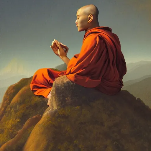 Image similar to a painting of a monk wearing headphones meditating on top of a mountain, style by joseph christian, detailed, coherence, smooth, hyper detailed, studio quality