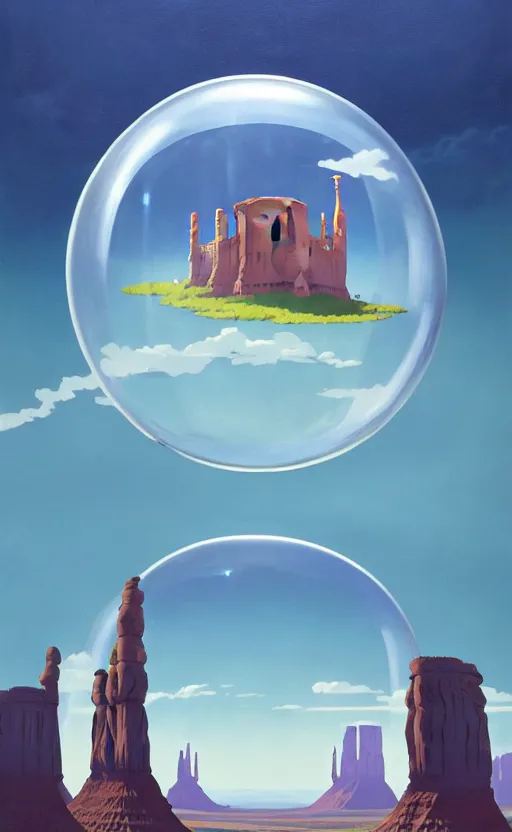 Image similar to a scary hyperrealist painting of a rocketship in a giant transparent cubic bubble from howl's moving castle ( 2 0 0 4 ) in a flooded monument valley stonehenge jungle. depth perception, 4 k, artstation, in the style of studio ghibli