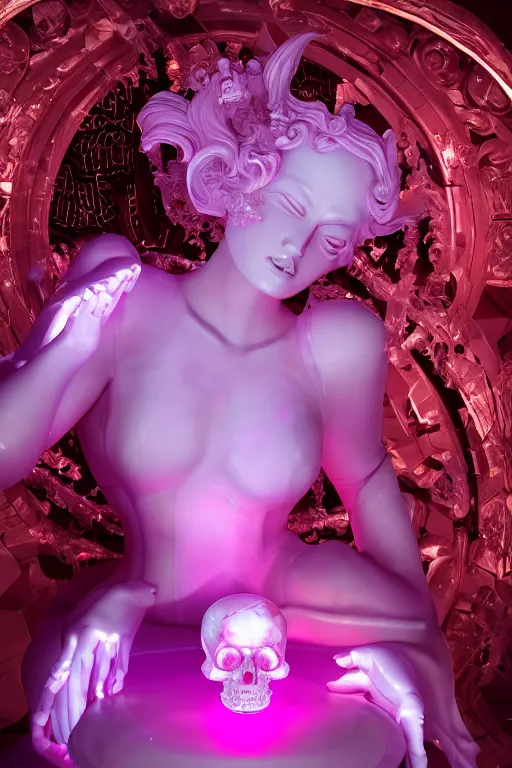 Prompt: photo of fullbody rococo and cyberpunk delicate neon crystalline sculpture of beautiful curvy onyx albino marble goddess as mint iridescent humanoid deity wearing pink plastic hooded cloak holding an onyx skull in a onyx space dungeon, reclining, glowing yellow face, crown of white diamonds, cinematic lighting, photorealistic, octane render 8 k depth of field 3 d