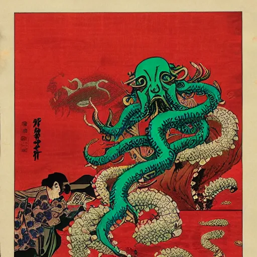 Prompt: ukiyo-e of Cthulhu rising from the depths