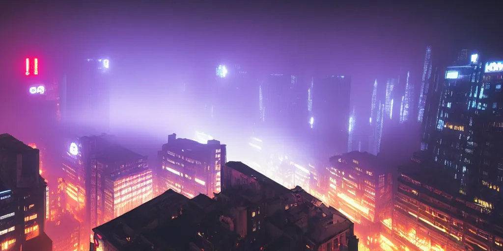 Prompt: giant illuminated advert screens, eerie fog, megacity streets seen from above, neon signs, blade runner, ex machina