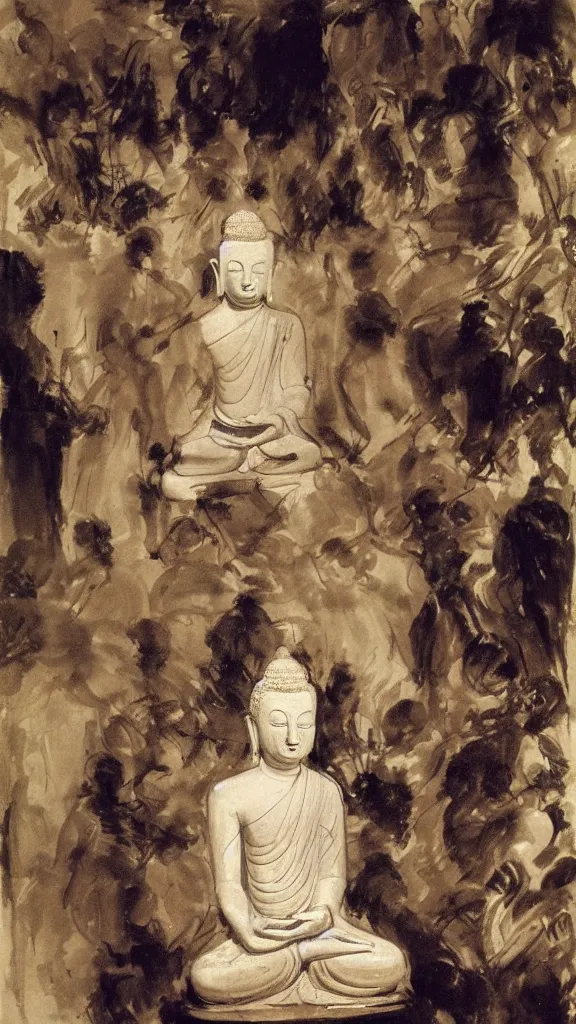 Image similar to a budda rabbit statue between crowd of people prayers in a botanical room by john singer sargent